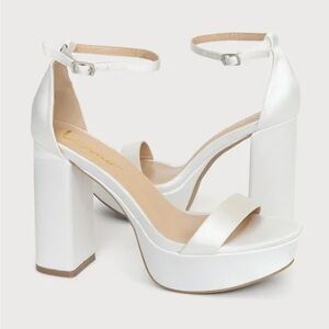 Lulus Arrabella Ivory Satin Platform Ankle Strap Heels White - Size 8.5